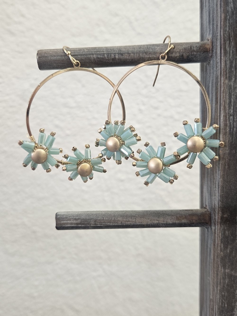 Gold Hoop Earrings with Aqua Floral Beads - Women Jewelry